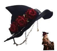 Halloween Witch Hat for Women, Feel Wizard Wizard Con Red Rose & Chain Decoration, Mardi Gras Hat Headwear para Halloween Cosplay Fancy Lolita Party Props