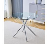 Hallowood: Mesa de comedor pequeña de cristal con patas cruzadas de acero inoxidable, 2 a 4 plazas para comedores, cocinas o cafeterías (90 cm)