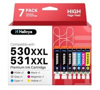 Halloya 530 531 XXL Compatible con Canon TS8750 TS8751 WH PGI530 CLI531 530XXL 531XXL PGI-530PGBK CLI-531 Cartuchos (7 Paquetes, 2 Cartuchos PGBK Negro, Cian, Magenta, Amarillo, Gris)