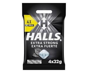 Halls Caramelos Sabor Extra Fuerte, Sin Azúcar, Paquete de 4 x 32 g | Caramelos sin azúcar con sabor extra fuerte y efecto refrescante, perfectos para disfrutar de frescor en cualquier momento