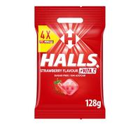 Halls Caramelos Sabor Fresa, Sin Azúcar, Paquete de 4 x 32 g | Caramelos sin azúcar con sabor a fresa y efecto refrescante, perfectos para disfrutar de frescor en cualquier momento