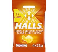 Halls Caramelos Sabor Miel y Limón, Sin Azúcar, Paquete de 4 x 32 g