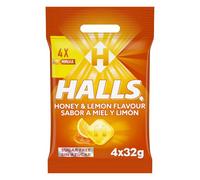 Halls Caramelos Sabor Miel y Limón, Sin Azúcar, Paquete de 4 x 32 g | Caramelos sin azúcar con sabor a miel y limón y efecto refrescante, perfectos para disfrutar de frescor en cualquier momento