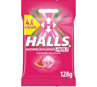 Halls Caramelos Sabor Sandía, Sin Azúcar, Paquete de 4 x 32g