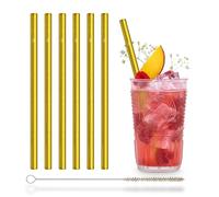 HALM Pajitas de vidrio doradas 6 unidades 20 cm Oro + cepillo de limpieza sin plástico - Apto para lavavajillas - Sostenible - Sorbetes de cristal para cócteles, batidos, jugo