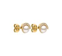 Halo - Pendientes de perlas con circonitas semicirculares, acero inoxidable chapado en oro de 18 quilates, perlas elegantes para mujer, perlas marinas, 6 mm, oro, plata, oro rosa Purelei®, Normal
