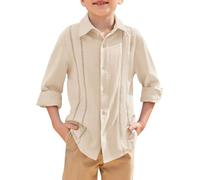 Haloumoning Camisa de Manga Larga de Algodón para Niños, Camisa Cubana de Verano, Casual, de Un Solo Color, Ropa Ligera para Niños de 5 a 14 Años, beige, 9-10 años