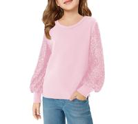 Haloumoning Camisas de lentejuelas para niñas, lindas blusas de manga larga con cuello en V para niños de 5 a 14 años, Rosa, 9-10 Years