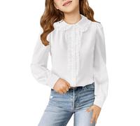 Haloumoning Camisas de manga larga abombada para niñas, lindas blusas casuales con cuello Peter Pan, blusas de gasa con botones y volantes, 7-14 años, Blanco, 13-14 Years
