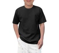 Haloumoning Camiseta de manga corta para niños con cuello redondo, estilo casual, básica, con patrón geométrico, de un solo color, para verano, 5-14 años, Negro , 9-10 años