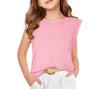 Haloumoning Camiseta sin mangas de verano para niña, cuello redondo, manga de gorra, bonita blusa para niños, camiseta para niñas de 5 a 14 años, Rosa., 13-14 años