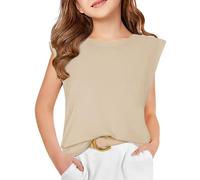 Haloumoning Camiseta sin mangas de verano para niña, cuello redondo, manga de gorra, bonita blusa para niños, camiseta para niñas de 5 a 14 años, beige, 13-14 años