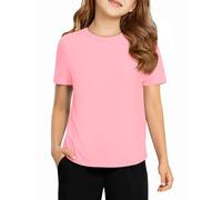 Haloumoning Camisetas atléticas de manga corta para niñas, ajuste seco, camiseta de verano con dobladillo curvado, 5-14 años, Rosa, 13-14 años