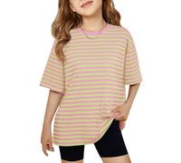 Haloumoning Camisetas de manga corta a rayas para niñas de 5 a 14 años, Verde neón, 11-12 Years