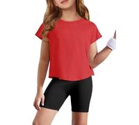 Haloumoning Camisetas deportivas holgadas de manga corta para niñas, de secado rápido, para gimnasio, yoga, 5-14 años, Rojo, 11-12 Years