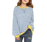 Haloumoning Sudadera de manga larga con cuello redondo a rayas para niñas, de gran tamaño, a la moda, ropa de otoño de 5 a 14 años, Azul cielo, 10-12 años