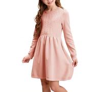 Haloumoning Vestido de jersey para niña, manga larga, cuello redondo, vestido de punto para niños, línea A, patrón trenzado, vestido de ocio, monocolor, elegante, vestido de fiesta, otoño e invierno