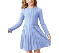 Haloumoning Vestido de jersey para niña, manga larga, línea A, vestido de punto, cálido, para la escuela, otoño e invierno, monocolor, básico, informal, vestido de fiesta, azul claro, 140