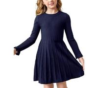 Haloumoning Vestido de jersey para niña, manga larga, línea A, vestido de punto, cálido, para la escuela, otoño e invierno, monocolor, básico, informal, vestido de fiesta, azul oscuro, 160 cm