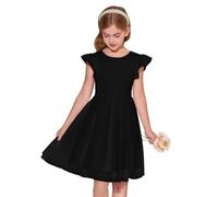Haloumoning Vestido de niña con mangas con volantes, cuello redondo, monocolor, vestido de verano, línea A, vestido de princesa de tul, festivo, cumpleaños, boda, fiesta, vestido informal, Negro , 10