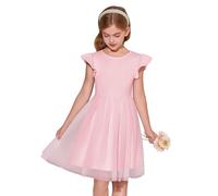 Haloumoning Vestido de niña con mangas con volantes, cuello redondo, monocolor, vestido de verano, línea A, vestido de princesa de tul, festivo, cumpleaños, boda, fiesta, vestido informal, Rosa., 10