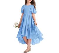 Haloumoning Vestido de verano para niña, cuello en V, con volantes, informal, vestido de una línea, vestido de fiesta alto, bajo, largo, elegante, largo, azul, 32 W/34 L