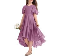 Haloumoning Vestido de verano para niña, cuello en V, con volantes, informal, vestido de una línea, vestido de fiesta alto, bajo, largo, elegante, largo, morado, 40 W/32 L