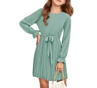 Haloumoning Vestido elegante de manga larga para niña, falda plisada, cuello redondo, vestido midi fluido, verde, 13-14 Años