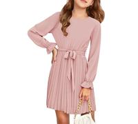 Haloumoning Vestido elegante de manga larga para niña, falda plisada, cuello redondo, vestido midi fluido, Rosa., 7-8 Años