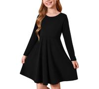 Haloumoning Vestido para niña de cuello redondo, manga larga, vestidos de una sola pieza, A-Line, vestido casual, otoño, invierno, vestido midi básico, 5-14 años, Negro , 13-14 años