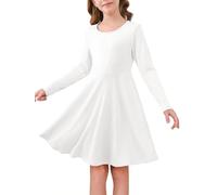 Haloumoning Vestido para niña, de manga larga, cuello redondo, para el tiempo libre, línea A, elegante, color liso, casual, para fiestas, bodas y niños, 5-14 años, Color blanco., 7-8 anni