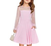 Haloumoning Vestidos Niña Vestido Festivo Princesa para Niños Manga Larga de Malla Contrastante con Volantes Elegante de Línea A Cuello Redondo Vestido de Fiesta con Bolsillos para 6-14 Años, Rosa., 9