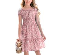 Haloumoning Vestidos para niña, cuello cuadrado, vestido floral, vestido de verano con mangas abullonadas, línea A, vestido de fiesta para niños, Rosa., 7-8 años