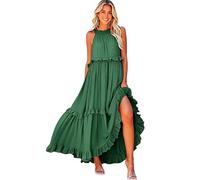 Halter Dresses for Women, Sleeveless Sexy Ruffle Tiered Flowy Long Dress Casual Tie Back Loose Flowy (Green-B,S)