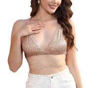 Haltermeck - Brasier sin espalda con lentejuelas brillantes, chaleco bandeau para mujer, fiesta, discoteca, ropa de playa, traje de baño, top corto con cuello halter y lazo en la espalda, champán, XL