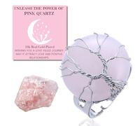 HALUKAKAH Anillo de Cristal de Piedra Natural - AMOR LUNAR - Árbol de la Vida con Enrollado de Chapado en Platino Hecho a Mano, Forma de Luna Llena de Cuarzo Rosa, Ajustable en Tamaño