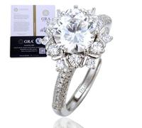 HALUKAKAH Anillo para Mujer con Moissanita D2,0 ct Plata de Ley 925 Baño en Platino con Certificado,Diamantes de Laboratorio Redondo Tipo Girasol Engaste Garras,para Compromisos,Bodas,Talla Ajustable