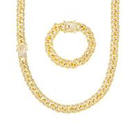 HALUKAKAH Cadena de Oro Iced out para Hombre Enlace Cubano Miami Cadena Pulsera Collar Conjunto Chapado en Oro Real 18K 50+22cm,Juego Completo Puntas Corte Diamante Cz,Regalo para El