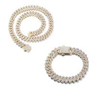 HALUKAKAH Chapado en Oro Auténtico de 18k Diamante Cubano Pulsera de Eslabones Collar Joyas Conjunto Para Hombre,Más De 1500 Diamantes de Laboratorio,Ancho 12mm Largo 20cm,45cm con Caja de Regalo