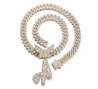 HALUKAKAH Chapado en Oro de 18K Collar con Colgante para Hombre y Mujer - Más de 1000 Diamantes - Cadena de Eslabón Cubano - Colgante con Letra A de Mariposa 3D - Idea de Regalo para Seres Queridos