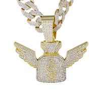 HALUKAKAH Collar Bolsa de Dinero Dólar en Diamante para Hombre,Chapado en Oro 18k,Colgante con Diamantes de Laboratorio,15MM Cadena Cubana con Diamantes 50cm,Regalo Hip-Hop para Esposo,Hijo,Novio