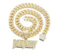 HALUKAKAH Collar con Colgante Chapado en Oro de 18K para Hombre - Más de 1000 Diamantes - Cadena de Eslabones Cubanos - Colgante de Letras de Money 3D - Estilo Hip Hop - Completo con Caja de Regalo