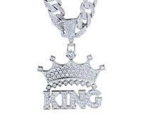 HALUKAKAH Collar Corona King de Diamantes para Hombre,Chapado en Platino,Colgante con Letras 3D y Diamantes de Laboratorio Engastados,15mm Cadena Cubana 50cm,Regalo para Esposo,Hijo,Novio