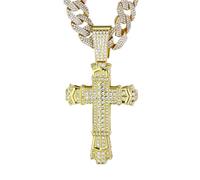 HALUKAKAH Collar Cruz Barroca con Diamantes para Hombre,Chapado en Oro Real 18k,Colgante con Diamantes de Laboratorio Engastados y 15MM Cadena Cubana 50cm,Regalo Religioso para Esposo,Hijo,Novio