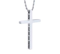 HALUKAKAH Collar Cruz Infantil Premium Grabado “I CAN DO ALL THINGS” | Acero de Titanio Quirúrgico Chapado en Platino | Cadena Cuerda 50cm | Hipoalergénico | Caja de Regalo Incluida, para Niños Niñas