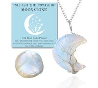 HALUKAKAH Collar de Piedras de Cristal para Mujer Piedra de Luna Natural Platinado Latón Hecho a Mano Árbol de la Vida Forma de Luna Colgante de 30x40mm, con Cadena de 50cm