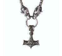 HALUKAKAH Collar Martillo de Thor Vikingo para Hombre - Tono Plata Esterlina Envejecida 60cm con Cabezas de Lobo 3D - Acero Titanio Hipoalergénico - Joya Mitología Nórdica - Regalo para Él