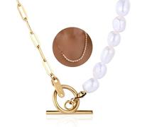 HALUKAKAH Collar Media Perla Media Cadena para Mujer - TIDE - Cadena de Clip de Papel Rellenada de Oro 14k 45cm, Perlas Barrocas Naturales de Agua Dulce en Color Blanco, Regalo para Ella