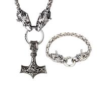 HALUKAKAH Conjunto Collar Martillo de Thor Vikingo y Pulsera Acero - Collar 60cm + Pulsera 21cm - Acero Titanio Tono Plata Esterlina Envejecida - Joya Mitología Nórdica - Regalo para Él