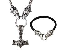HALUKAKAH Conjunto Collar Martillo de Thor Vikingo y Pulsera Trenzada - Collar 60cm + Pulsera Cuerda 21cm - Colgante Acero Titanio Tono Plata Esterlina Envejecida - Joya Mitología Nórdica para Él